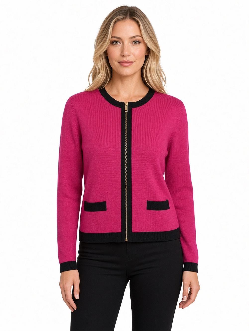 Zara Knit Black and Pink Cardigan with front Zipper and Contrasting Size S